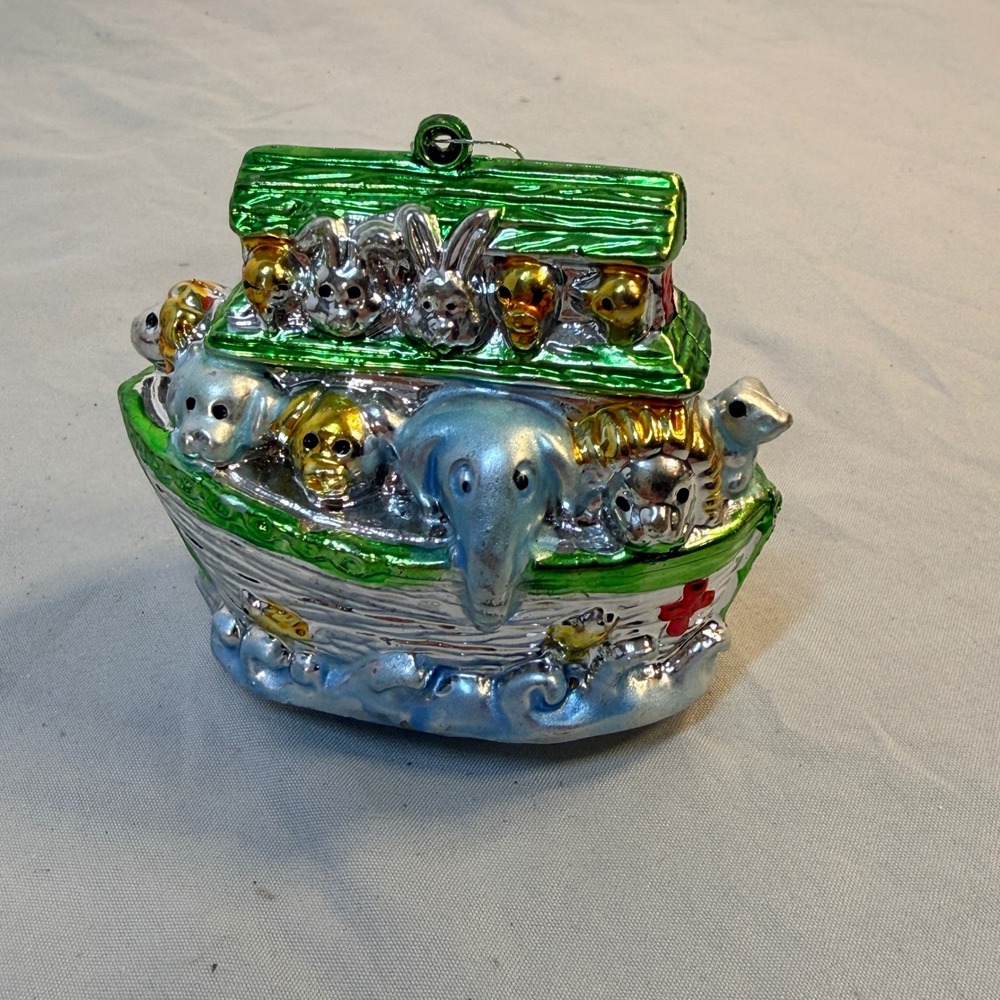 Noah's Ark Christmas Ornament Metallic Plastic Animals Elephant Bunny Religious